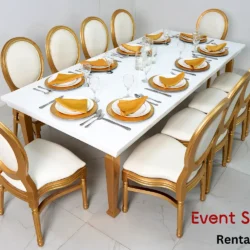 Avalon Table with Gold Dior Chairs Rentals