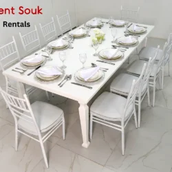 Avalon Table with White Chivari Chair Rentals