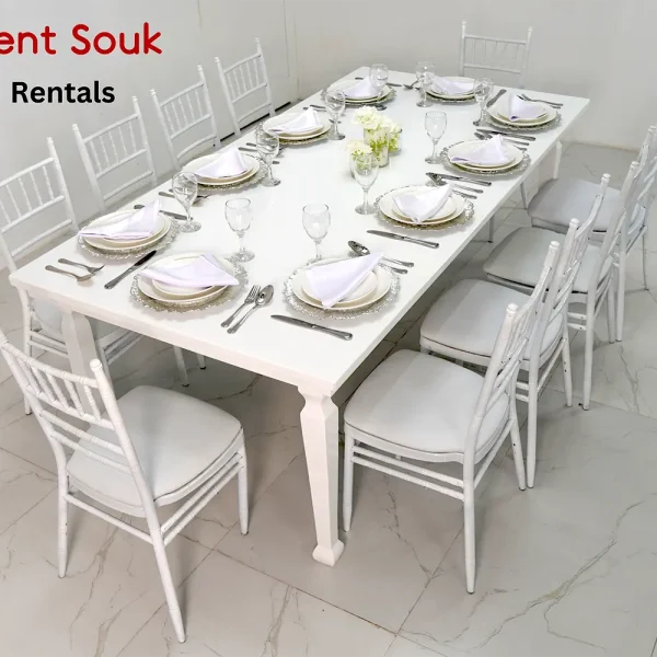 Avalon-dining-table-white-and-white-chivari-chairs-rental