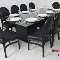 Azzurra Glass Dining Table Black and Black Dior Chairs Rental