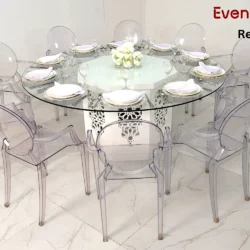 Azzurra Round Glass Dining Table and Acrylic Chairs Rental