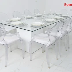 Azzurra Glass Dining Table Rental With Acrylic arm Dior Chairs