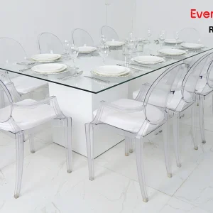 Azzurra-glass-dining-table-rental-with-acrylic-arm-dior-chair