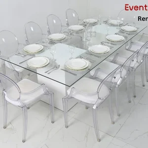 Azzurra-glass-rectangle-dining-table-rental-with-acrylic-arm-dior-chair