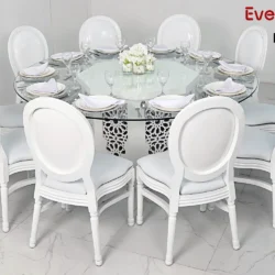 Azzurra Round Glass Dining Table and Dior White Chairs Rental