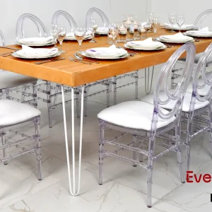 Isadora-rectangular-dining-table-and-dior-acrylic-chairs-rental