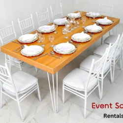 Isadora Rectangular Rustic Table and White Chivari Chairs Rental