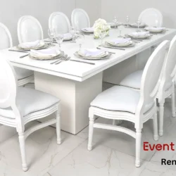 Melanie Rectangular Dining Table and White wooden Dior Chair Rental