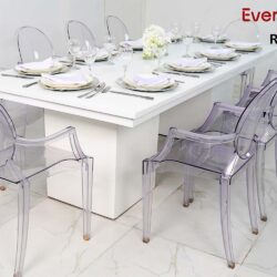 Melanie Rectangular Dining Table and Acrylic Dior Arm Chair Rental