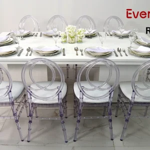 Melanie-rectangular-white-dining-table-and-dior-acrylic-chair-rental (1)