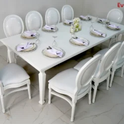 Avalon Table with Dior White Chairs Rentals