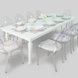 Avalon Table with Dior Acrylic Arm Chair Rentals