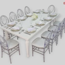 Avalon Table with Dior Acrylic Chairs Rentals