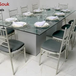 Azzurra Glass Dining Table Silver and Silver Chivari Chairs Rental