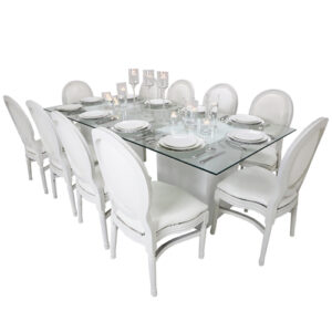 azzurra-glass-dining-table-rental-with-white-louis-chair-for-rent-in-uae
