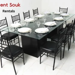 Azzurra Glass Dining Table Black and Black Chivari Chairs Rental