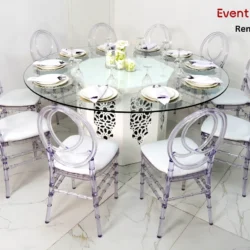 Azzurra Round Glass Dining Table and Acrylic Dior Chairs Rental