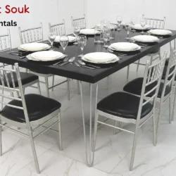 Isadora Rectangular Black Table and Silver Chivari Chairs Rental