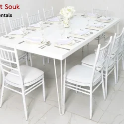 Isadora Rectangular White Dining Table and White Chivari Chairs Rental