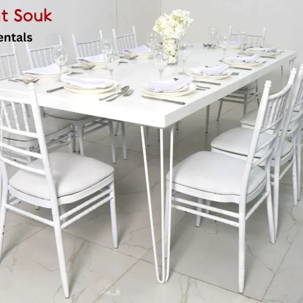 isadora-white-rectangle-dining-table-with-white-legs-rental-and-white-chivari-rental-dubai isadora-white-rectangle-dining-table-with-white-legs-rental-and-white-chivari-rental-dubai