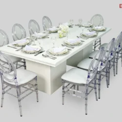 Melanie Rectangle Dining Table with Dior Acrylic Chairs Rentals