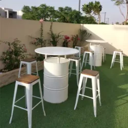 Armando White Drum with Top Round White Wooden Table Rentals