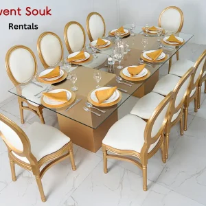 Azzura-glass dining-table-gold-boxes-with-gold-wooden-dior-chair-rental