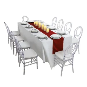 Carla-rectangular-dining-table-white-cover-with-dior-acrylic-chair-red-runner-setup