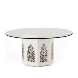 Azura White Mashrabiya Base-180cm Round Glass Top Dining Table Rentals