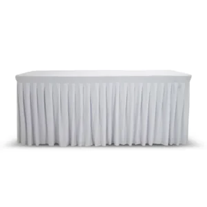 wooden-buffet-table-white-skirt-cover-rental