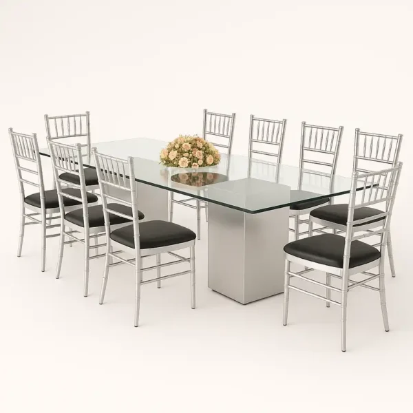 Azura Glass Dining Table With Grey Chivari Chairs Rentals