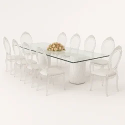 Cora Glass Dining Table With Adonis Acrylic Chairs Rentals