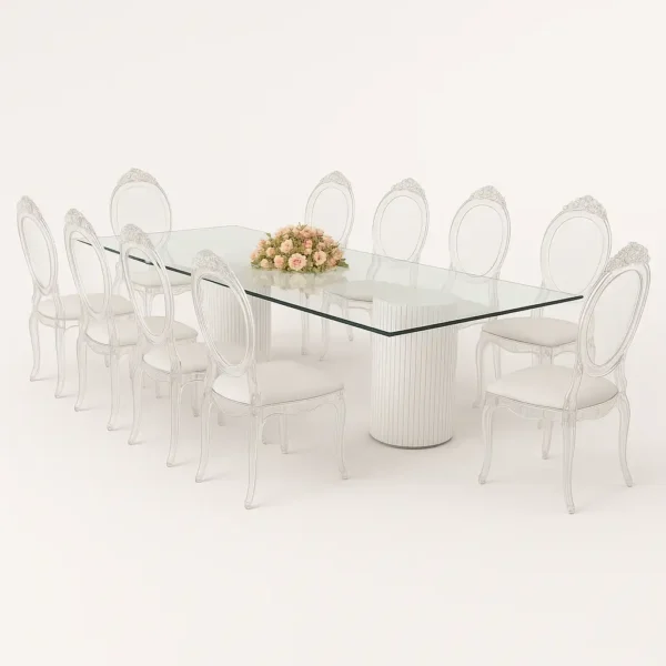 Cora Glass Dining Table With Adonis Acrylic Chairs Rentals