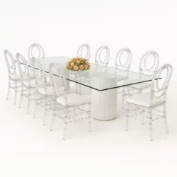 Cora Glass Dining Table With Dior Acrylic Chairs Rentals