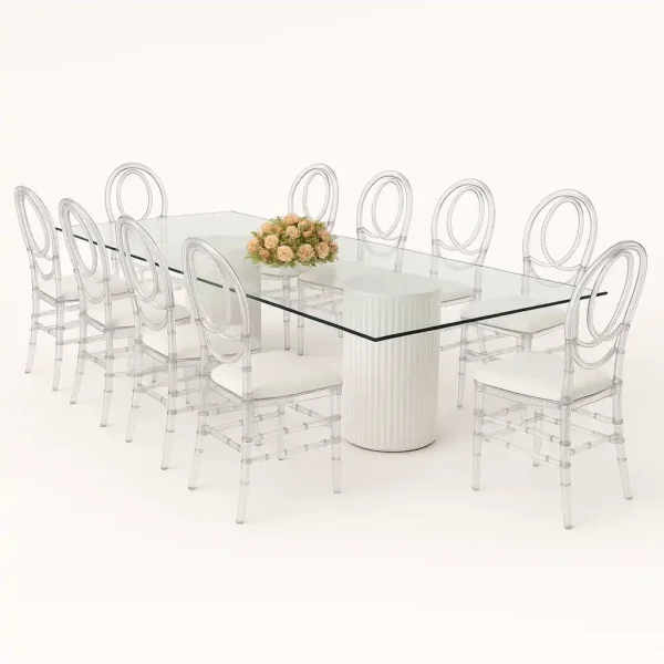 Cora Glass Dining Table With Dior Acrylic Chairs Rentals