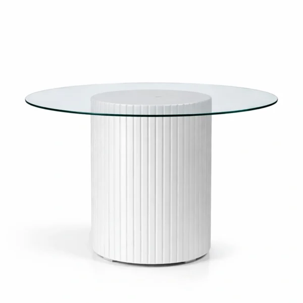 Cora White Base-120cm Round Glass Top Dining Table Rentals