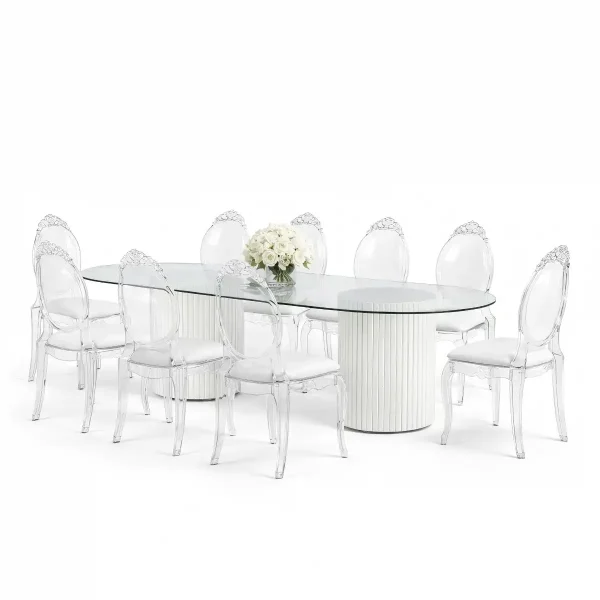 Cora Oval Glass Dining Table With AdonisAcrylic Chairs Rentals