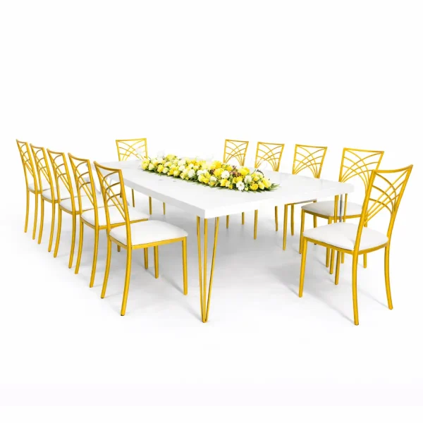 Isadora White Top-White Legs Rectangular Dining Table and Chameleon Chairs Rental
