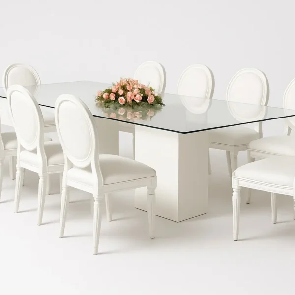 Azura Glass Dining Table With Dior Wooden White Chairs Rentals